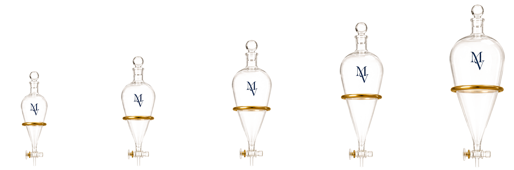 Cinq bulbes de verre Maître Vapotier de formats différents