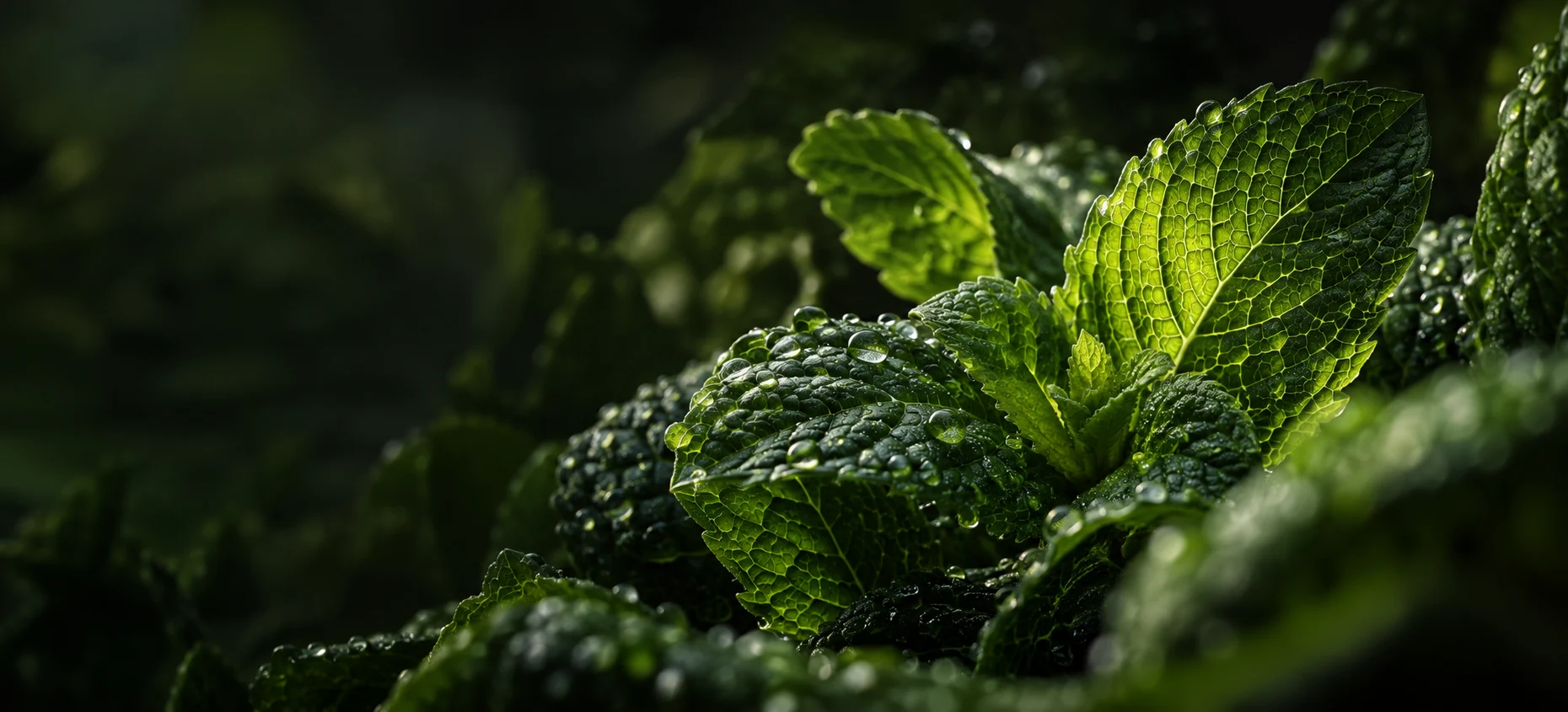 Nervures et rosée sur des feuilles de menthe chlorophylle