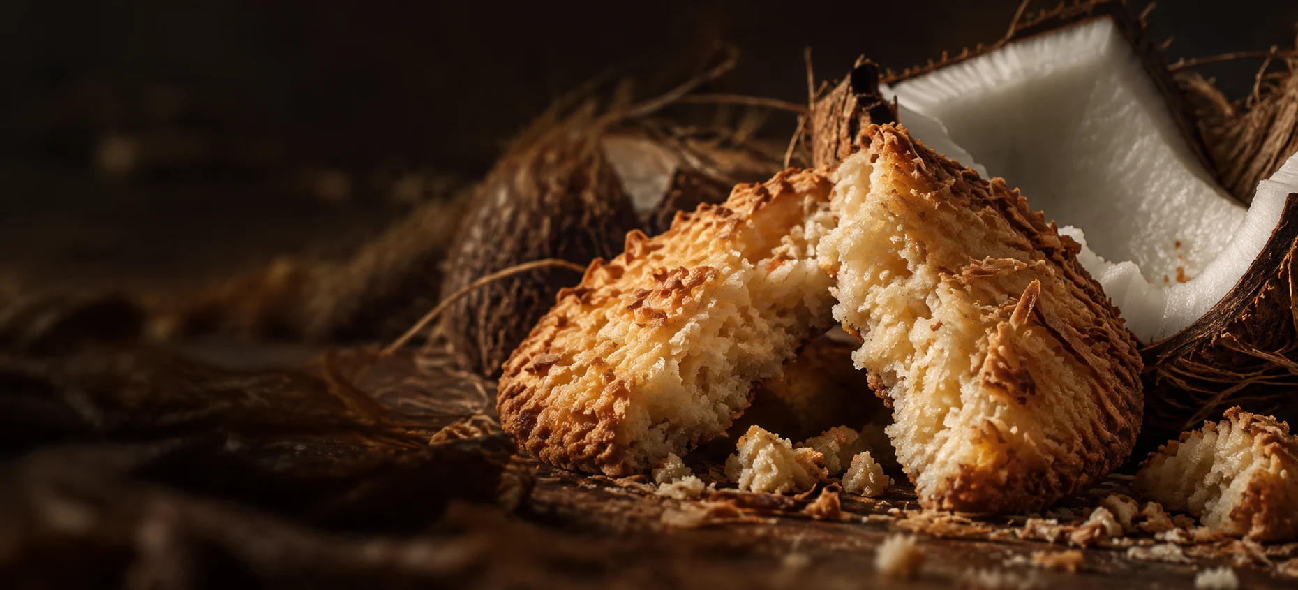 Cookie doré et noix de coco en gros plan