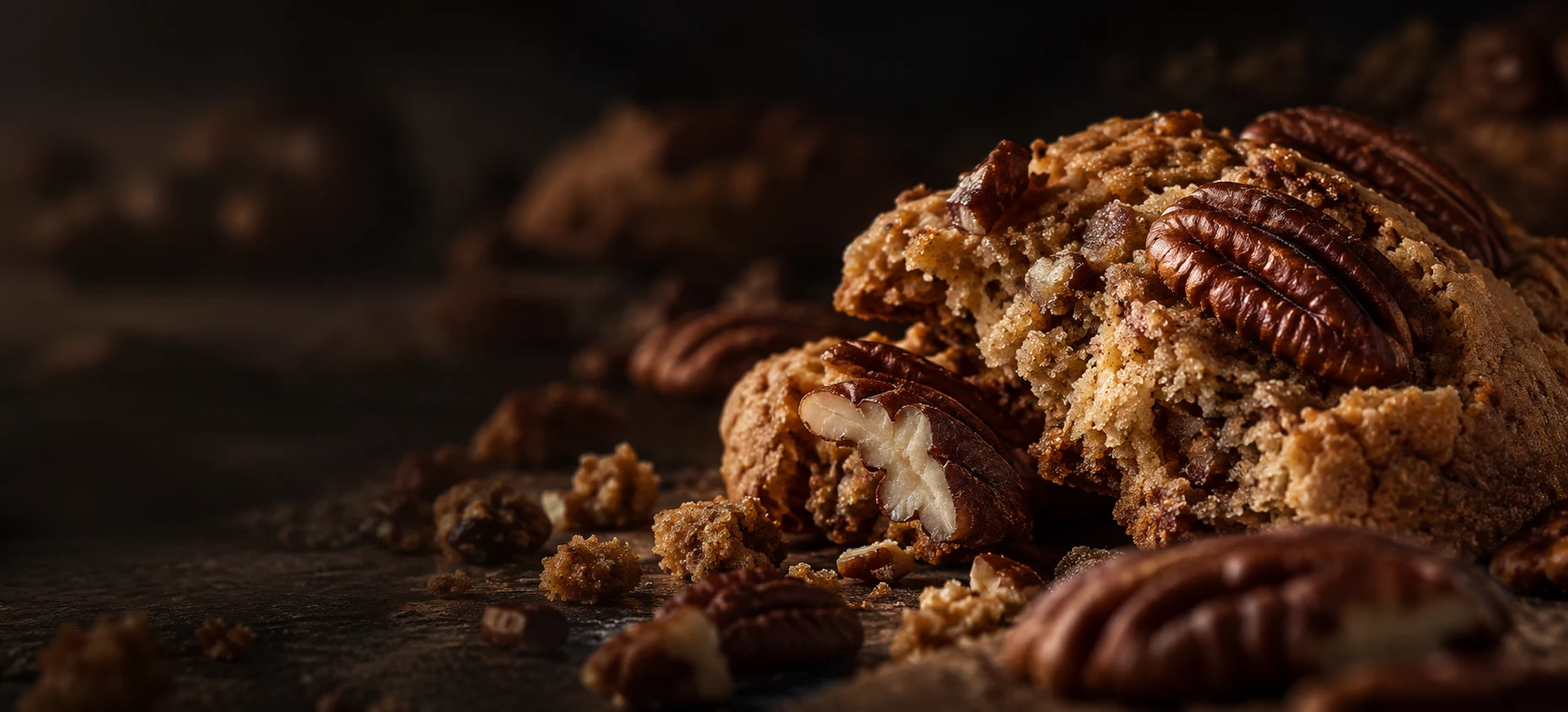 Cookie et noix de pécan dans une lumière bronze