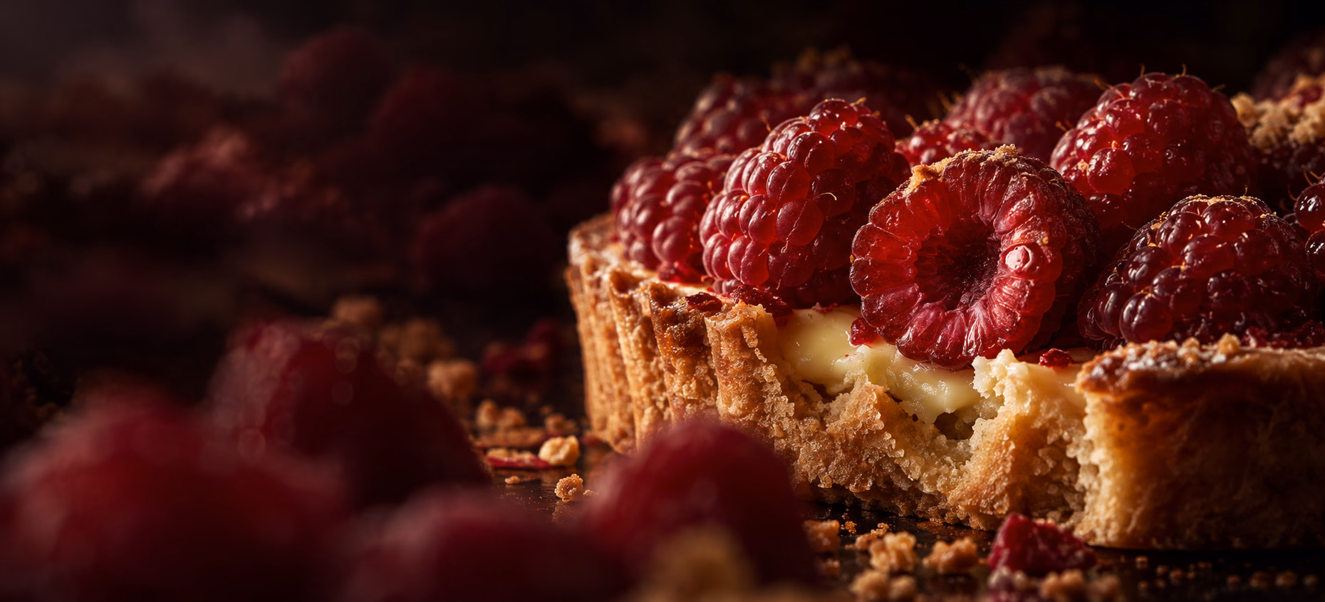 Framboises et pâte dorée d’une tarte