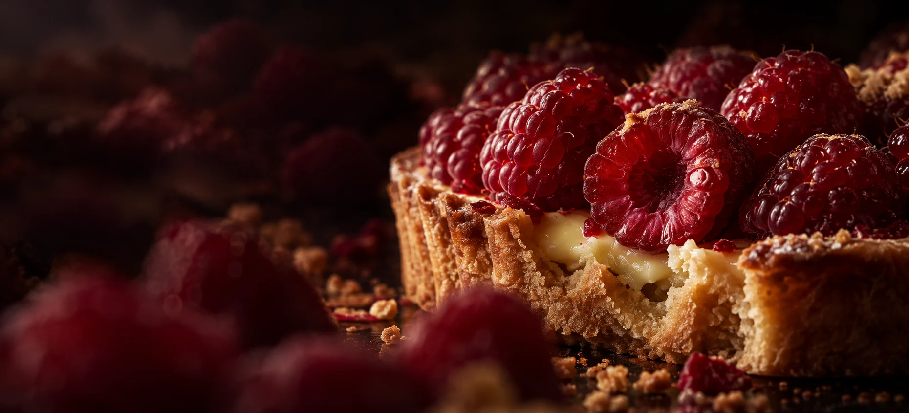 Framboises et pâte dorée d’une tarte
