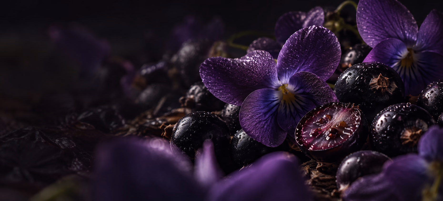 Pétales violets et cassis dans une composition sombre et lumineuse