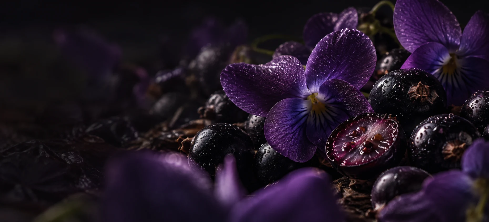 Nahaufnahme von Veilchen und schwarzen Johannisbeeren