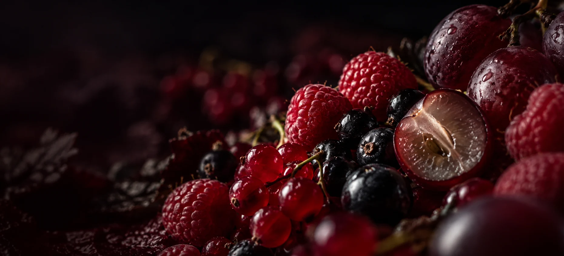 Rote Beeren, schwarze Johannisbeeren und Trauben in Purpurtönen