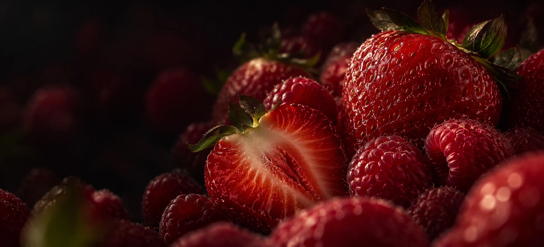 Fresas y frambuesas bajo una luz rubí