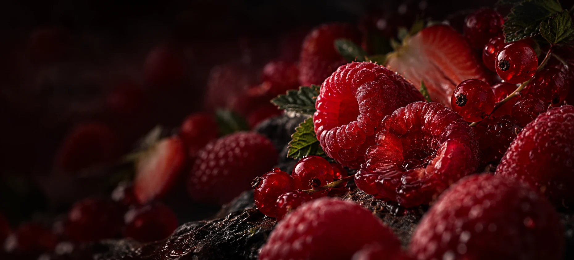 Nahaufnahme von Himbeeren und roten Beeren