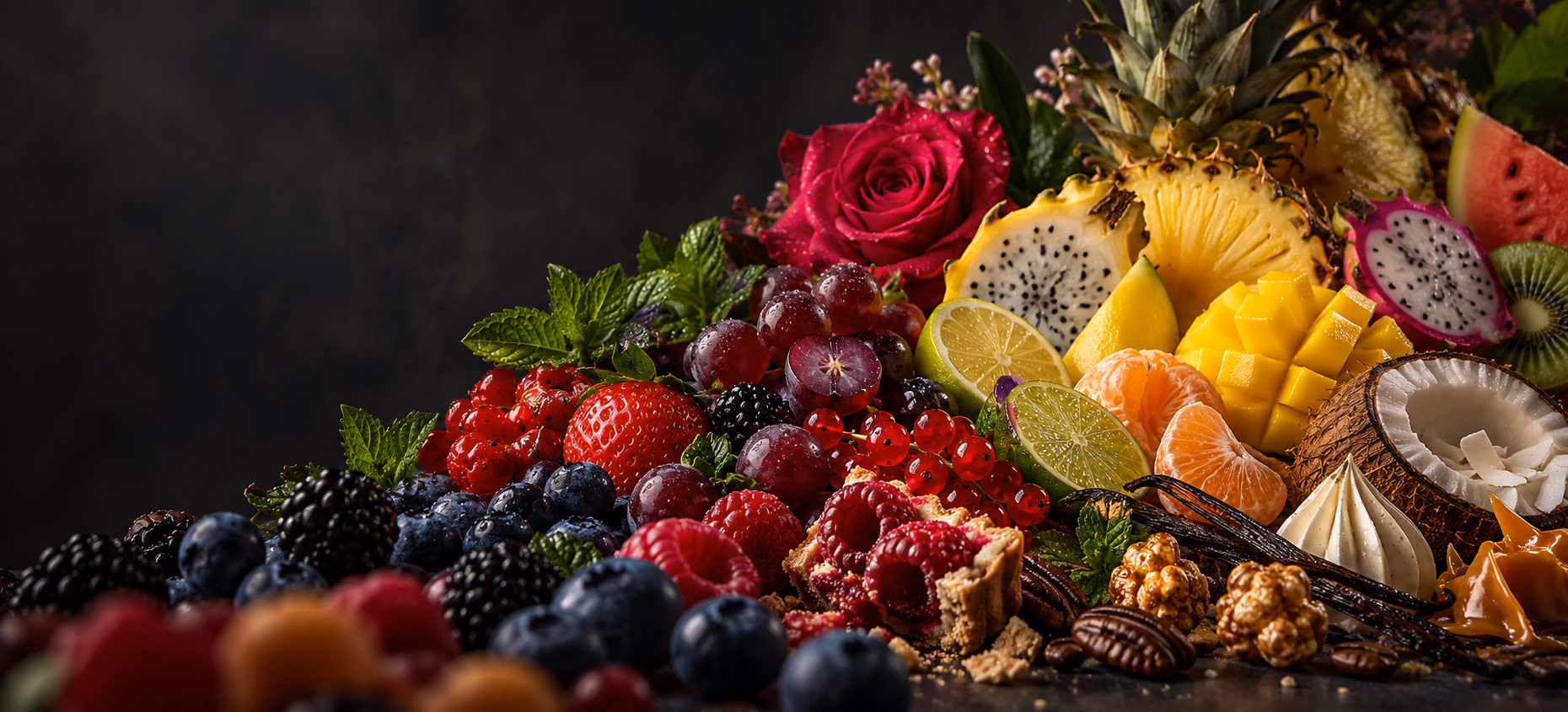 Fruits, pétales et matières gourmandes réunis dans un paysage de saveurs