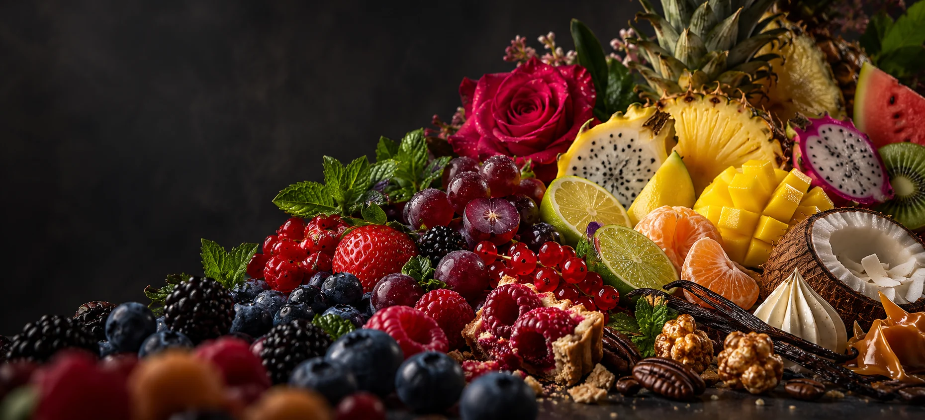Fruits, fleurs, menthes et accords gourmands réunis dans une composition cinématographique