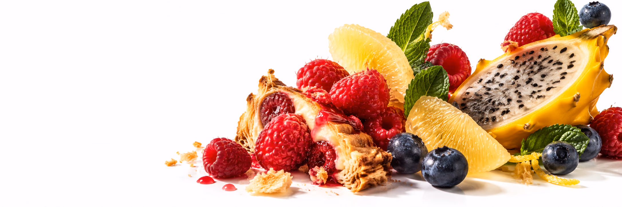 Eine Komposition aus Früchten, Desserttexturen und frischen Blättern